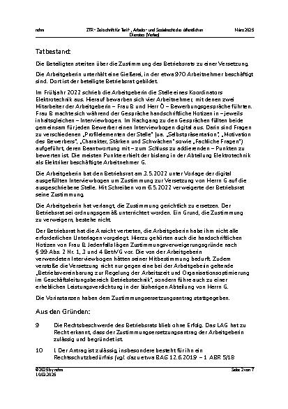 Vorschauseite 2: III. Personalvertretungsund Betriebsverfassungsrecht Versetzung – Zustimmungsverweigerung des Betriebsrats