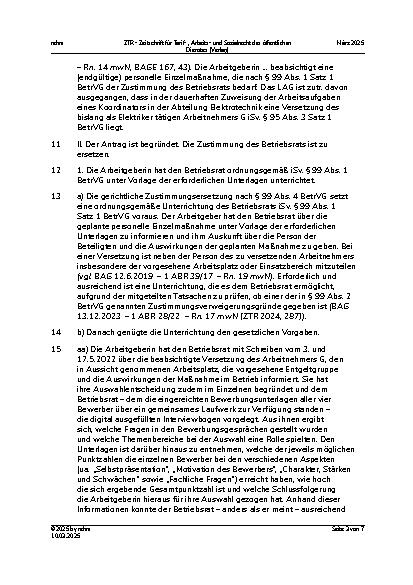 Vorschauseite 3: III. Personalvertretungsund Betriebsverfassungsrecht Versetzung – Zustimmungsverweigerung des Betriebsrats