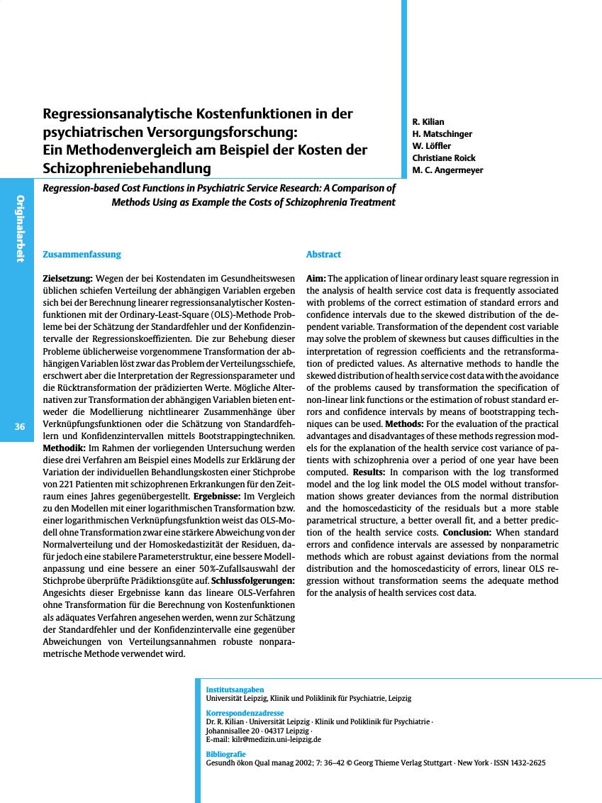 Vorschauseite 1: Regressionsanalytische Kostenfunktionen in der psychiatrischen Versorgungsforschung: Ein Methodenvergleich am Beispiel der Kosten der Schizophreniebehandlung