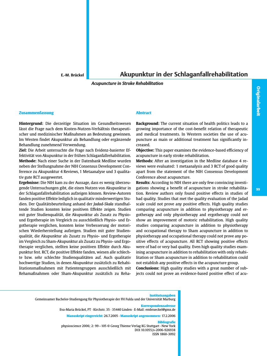 Vorschauseite 1: Akupunktur in der Schlaganfallrehabilitation