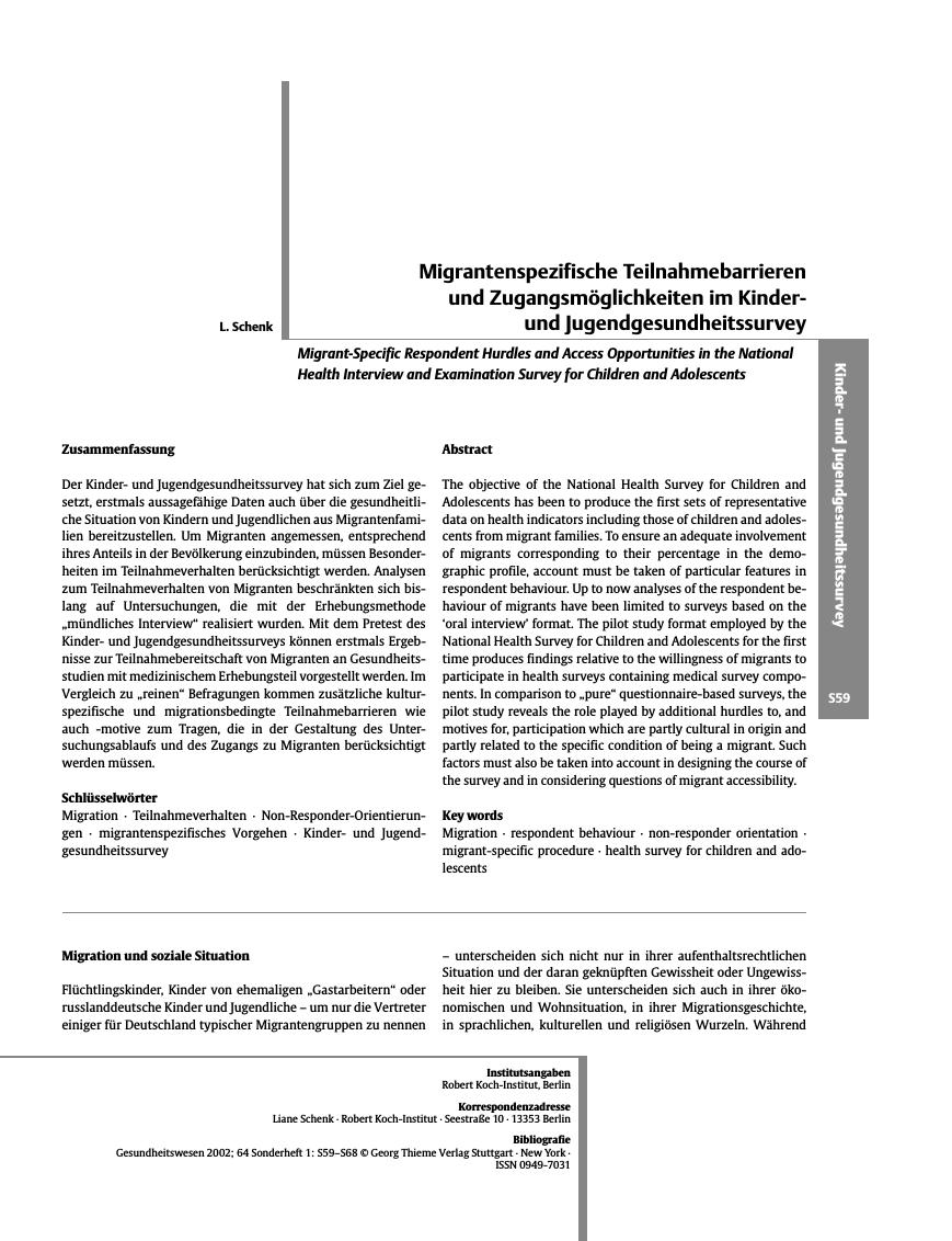 Vorschauseite 1: Migrantenspezifische Teilnahmebarrieren und Zugangsmöglichkeiten im Kinderund Jugendgesundheitssurvey