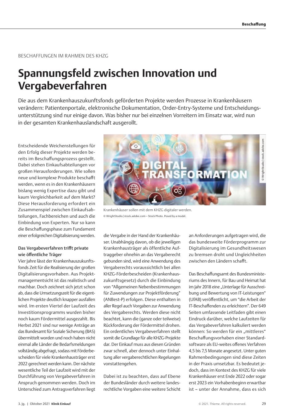Vorschauseite 1: Beschaffungen im Rahmen des KHZG: Spannungsfeld zwischen Innovation und Vergabeverfahren