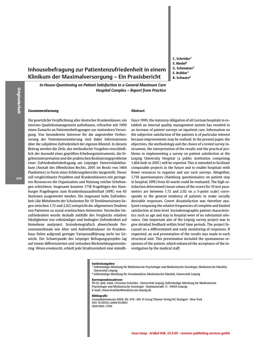 Vorschauseite 1: Inhousebefragung zur Patientenzufriedenheit in einem Klinikum der Maximalversorgung - Ein Praxisbericht