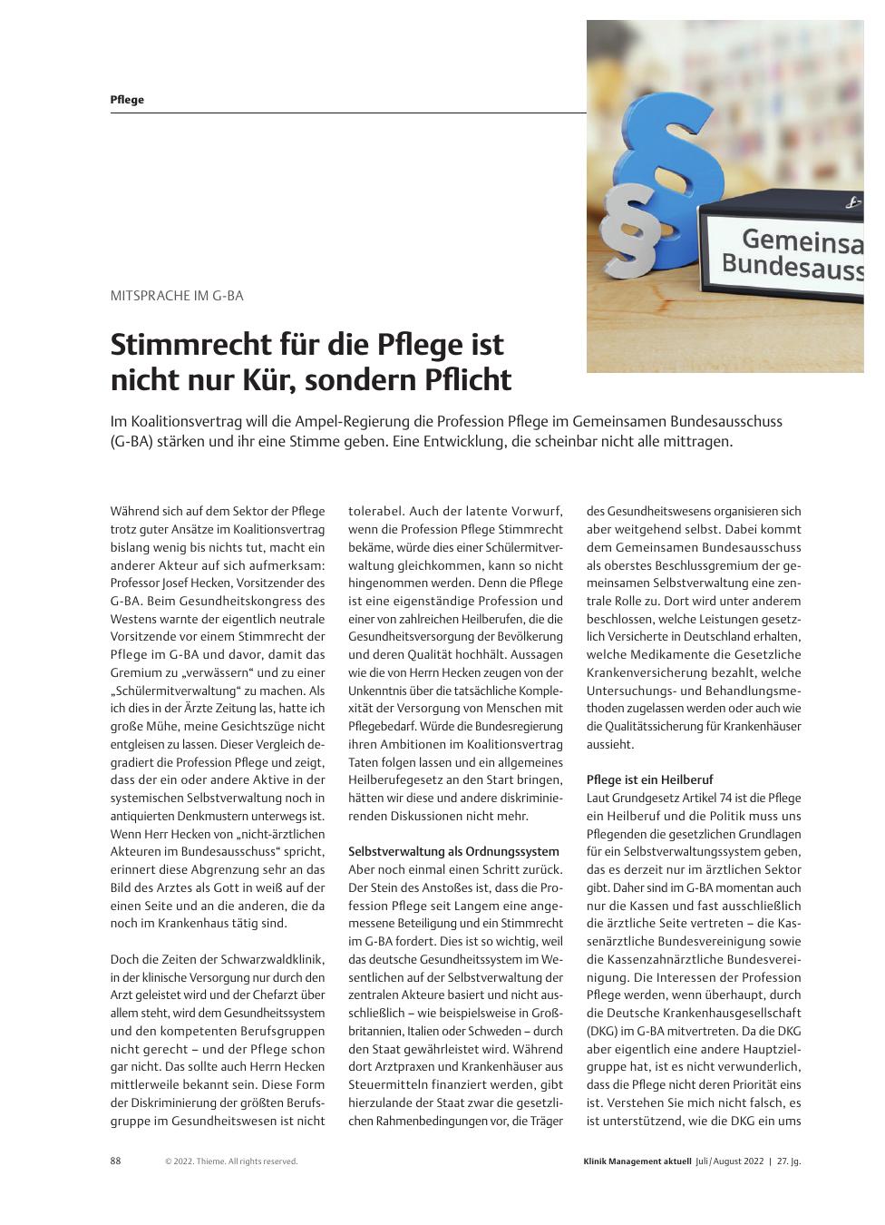 Vorschauseite 1: Mitsprache im G-BA: Stimmrecht für die Pflege ist nicht nur Kür, sondern Pflicht