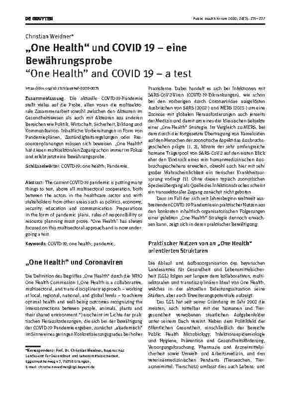 Vorschauseite 1: „One Health“ und COVID-19 – eine Bewährungsprobe