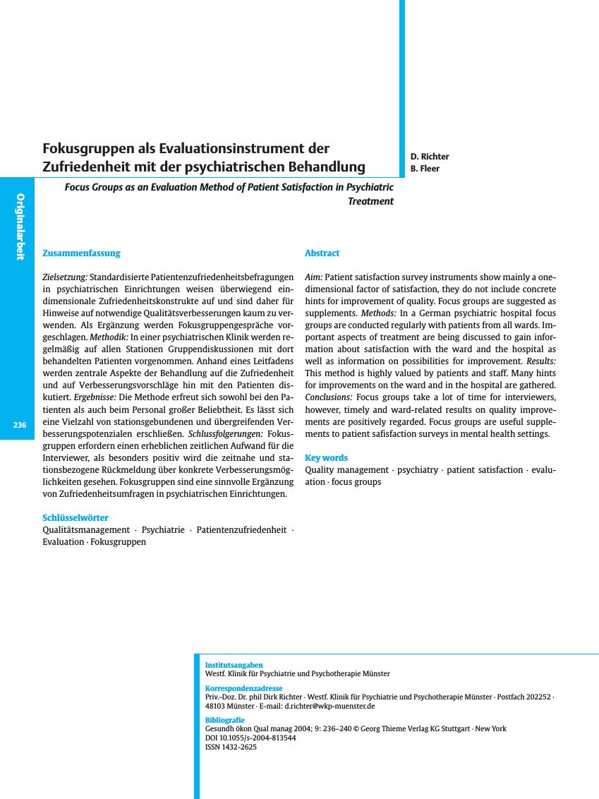 Vorschauseite 1: Fokusgruppen als Evaluationsinstrument der Zufriedenheit mit der psychiatrischen Behandlung
