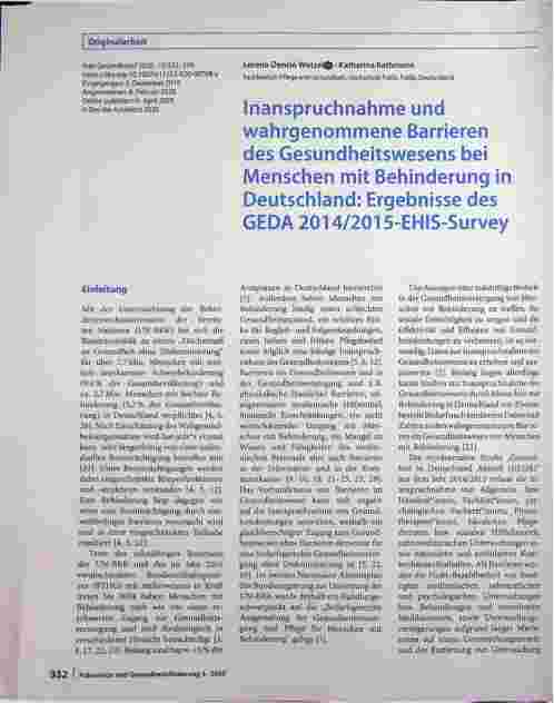 Vorschauseite 1: Inanspruchnahme und wahrgenommene Barrieren des Gesundheitswesens bei Menschen mit Behinderung in Deutschland: Ergebnisse des GEDA 2014/2015-EHIS-Survey