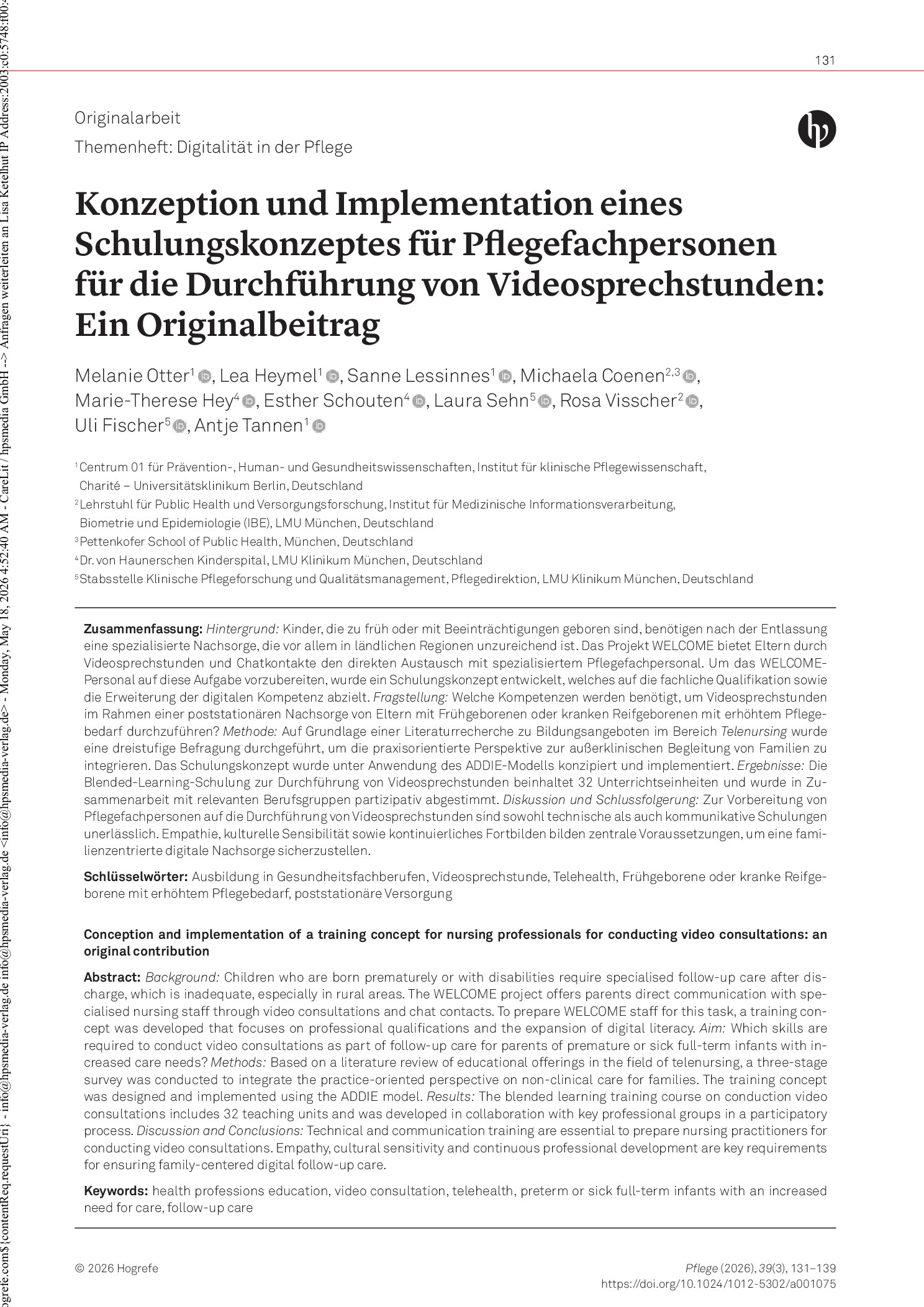 Vorschauseite 1: Konzeption und Implementation eines Schulungskonzeptes für Pflegefachpersonen für die Durchführung von Videosprechstunden: Ein Originalbeitrag