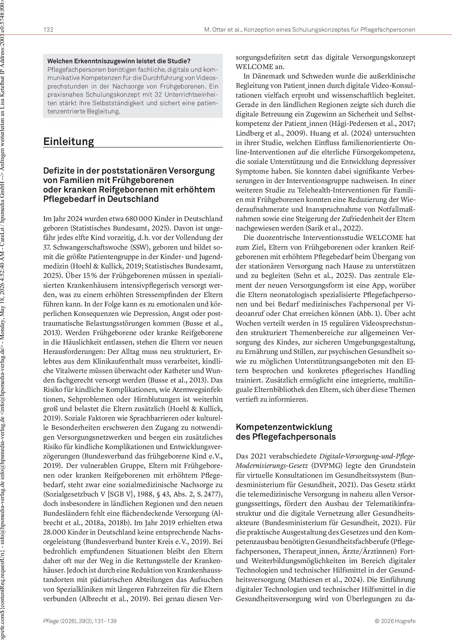 Vorschauseite 2: Konzeption und Implementation eines Schulungskonzeptes für Pflegefachpersonen für die Durchführung von Videosprechstunden: Ein Originalbeitrag