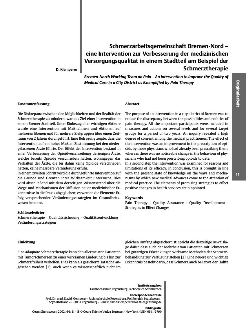 Vorschauseite 1: Schmerzarbeitsgemeinschaft Bremen-Nord - eine Intervention zur Verbesserung der medizinischen Versorgungsqualität in einem Stadtteil am Beispiel der Schmerztherapie