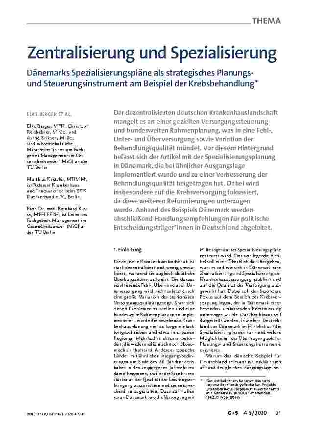 Vorschauseite 1: Zentralisierung und Spezialisierung: Dänemarks Spezialisierungspläne als strategisches Planungsund Steuerungsinstrument am Beispiel der Krebsbehandlung.