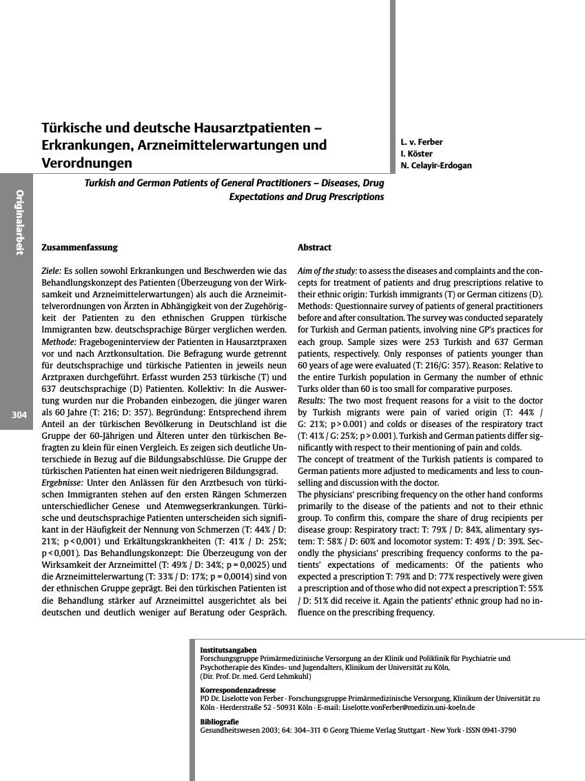 Vorschauseite 1: Türkische und deutsche Hausarztpatienten - Erkrankungen, Arzneimittelerwartungen und Verordnungen