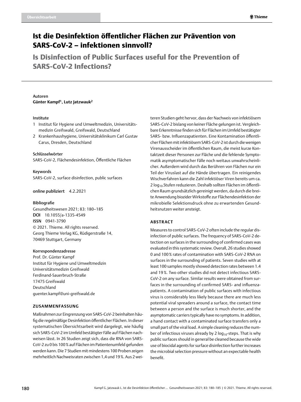 Vorschauseite 1: Ist die Desinfektion öffentlicher Flächen zur Prävention von SARS-CoV-2-Infektionen sinnvoll?