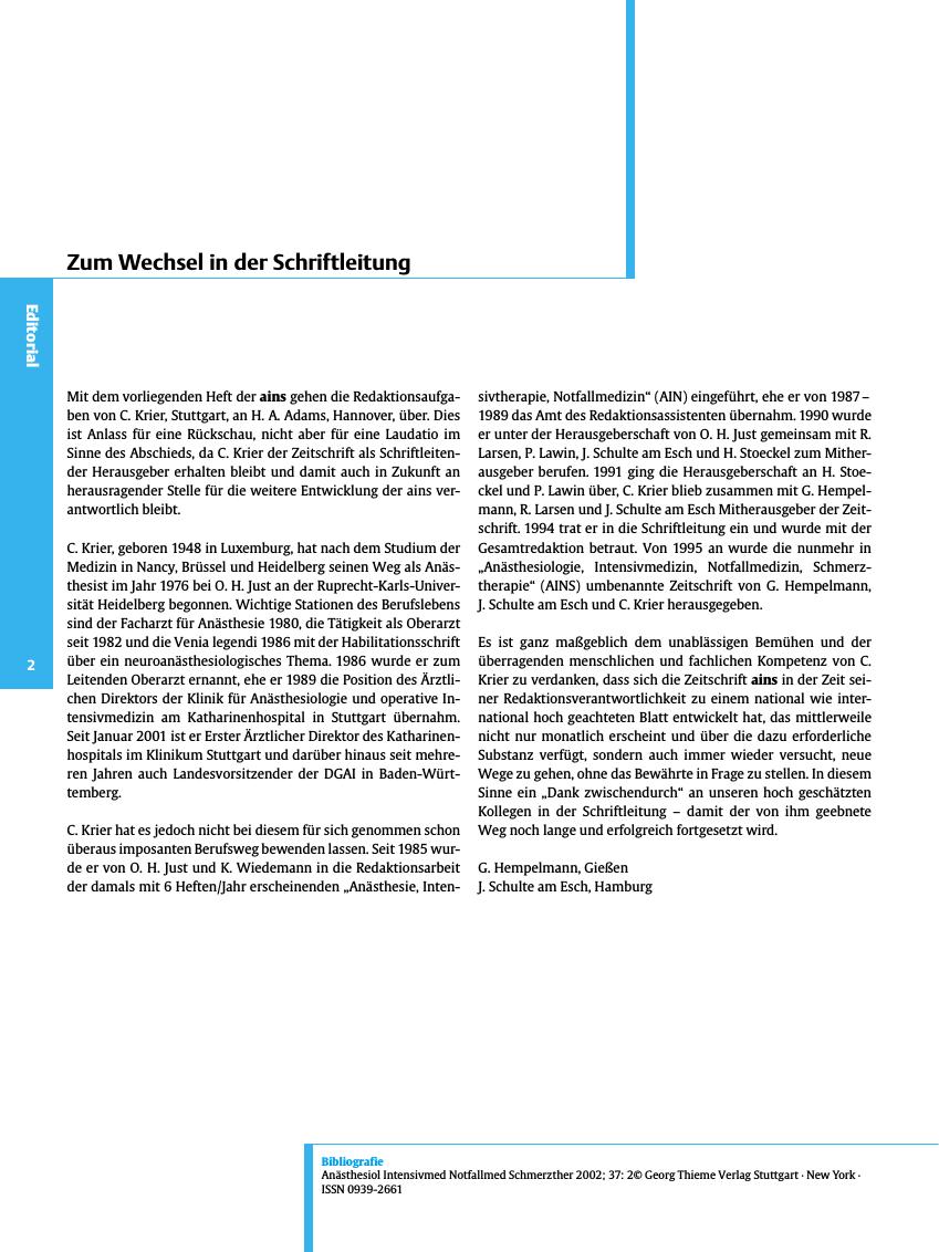 Vorschauseite 1: Zum Wechsel in der Schriftleitung