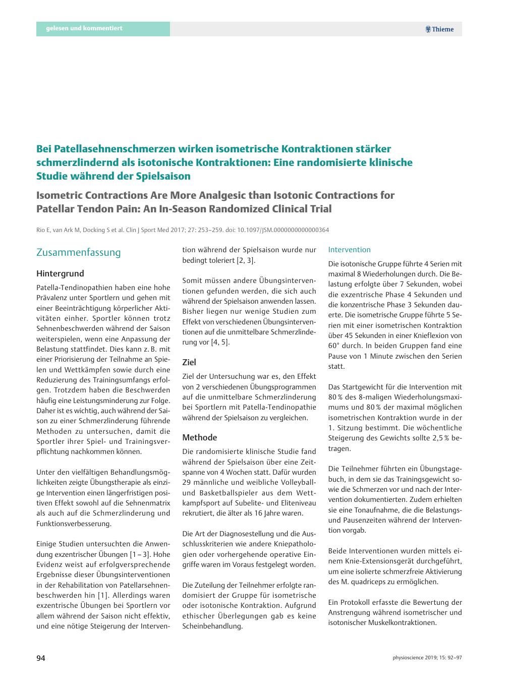 Vorschauseite 1: Bei Patellasehnenschmerzen wirken isometrische Kontraktionen stärker schmerzlindernd als isotonische Kontraktionen: Eine randomisierte klinische Studie während der Spielsaison