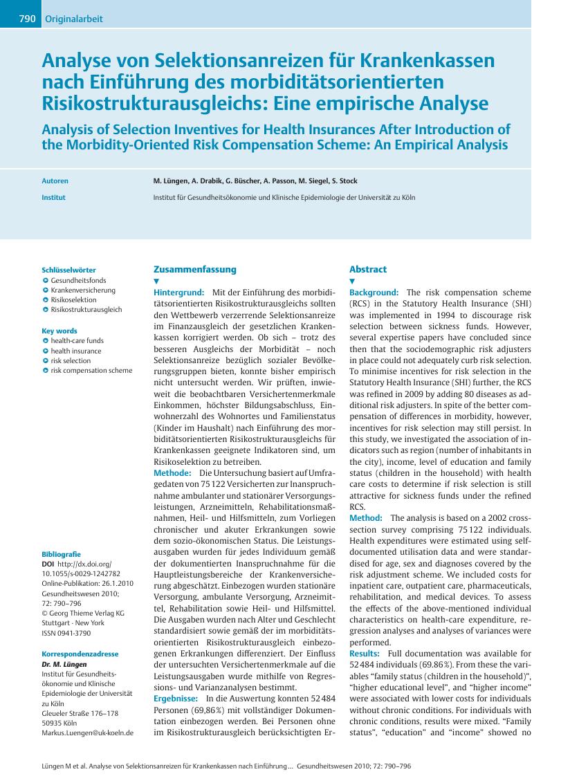 Vorschauseite 1: Analyse von Selektionsanreizen für Krankenkassen nach Einführung des morbiditätsorientierten Risikostrukturausgleichs: Eine empirische Analyse