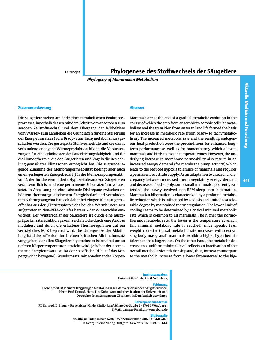 Vorschauseite 1: Phylogenese des Stoffwechsels der Säugetiere