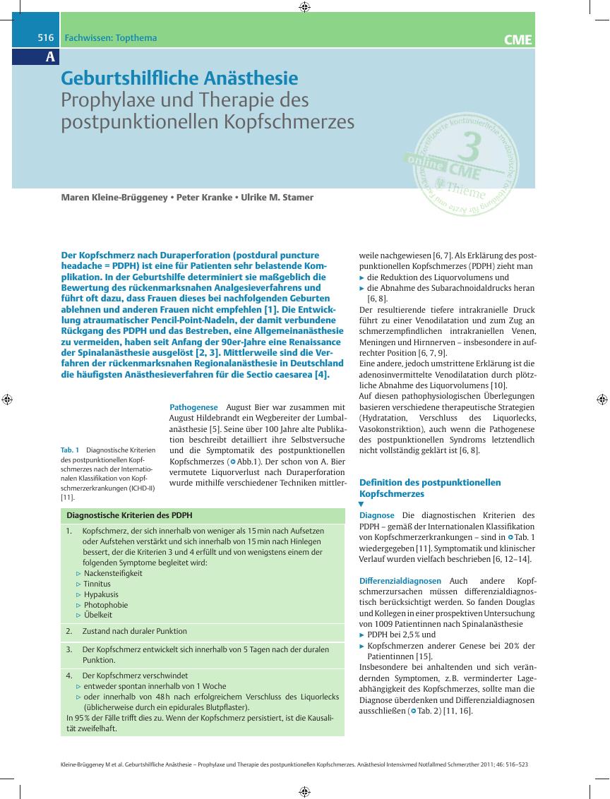 Vorschauseite 1: Geburtshilfliche Anästhesie – Prophylaxe und Therapie des postpunktionellen Kopfschmerzes