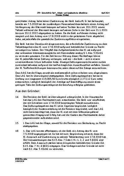 Vorschauseite 3: Elternzeit – Teilzeit – entgegenstehende betriebliche Gründe – (keine) analoge Anwendung des § 1 Abs. 5 KSchG