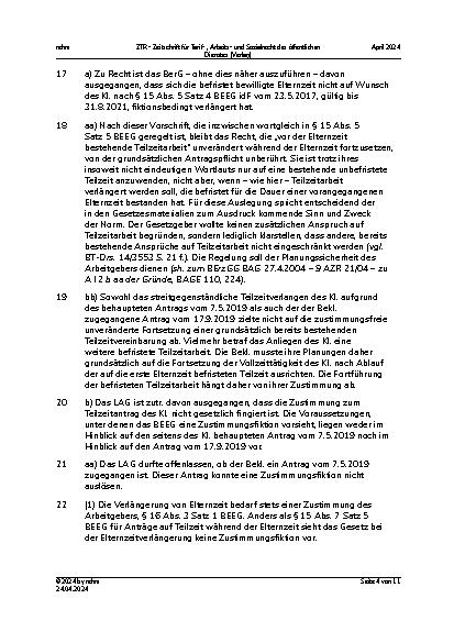 Vorschauseite 4: Elternzeit – Teilzeit – entgegenstehende betriebliche Gründe – (keine) analoge Anwendung des § 1 Abs. 5 KSchG