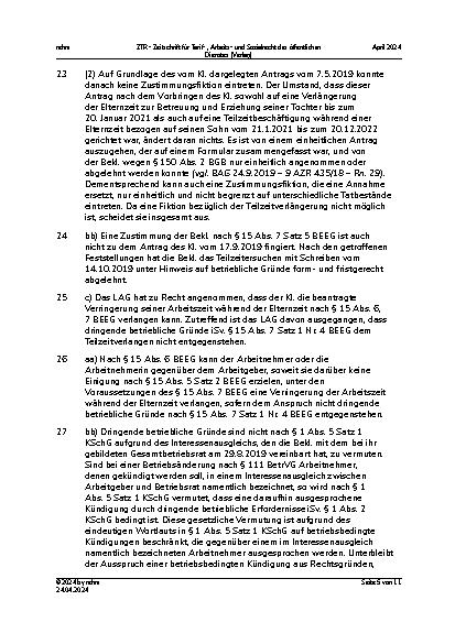 Vorschauseite 5: Elternzeit – Teilzeit – entgegenstehende betriebliche Gründe – (keine) analoge Anwendung des § 1 Abs. 5 KSchG