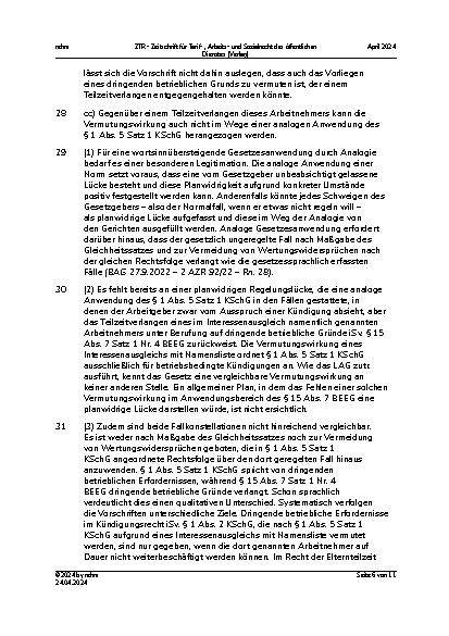 Vorschauseite 6: Elternzeit – Teilzeit – entgegenstehende betriebliche Gründe – (keine) analoge Anwendung des § 1 Abs. 5 KSchG