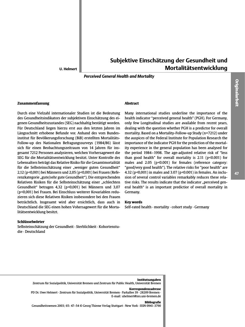 Vorschauseite 1: Subjektive Einschätzung der Gesundheit und Mortalitätsentwicklung
