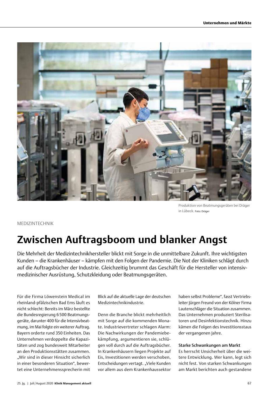 Vorschauseite 1: Medizintechnik: Zwischen Auftragsboom und blanker Angst