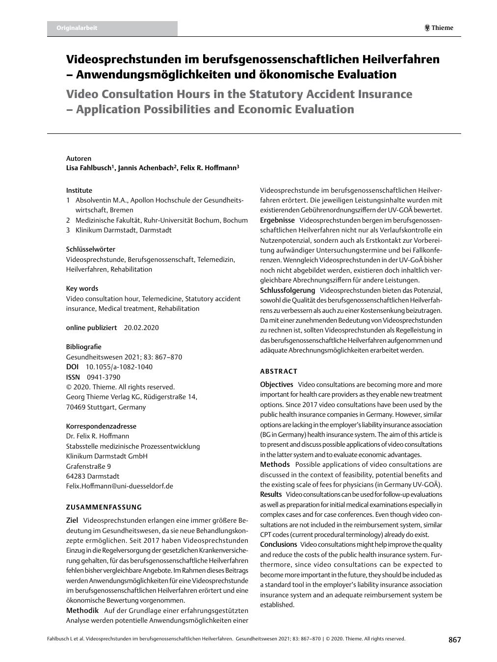 Vorschauseite 1: Videosprechstunden im berufsgenossenschaftlichen Heilverfahren – Anwendungsmöglichkeiten und ökonomische Evaluation