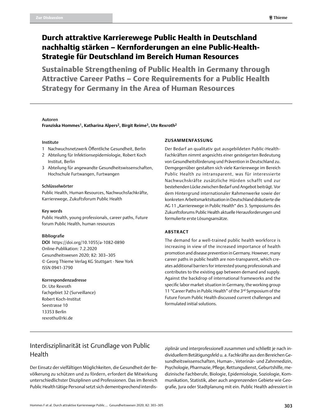 Vorschauseite 1: Durch attraktive Karrierewege Public Health in Deutschland nachhaltig stärken - Kernforderungen an eine Public-Health-Strategie für Deutschland im Bereich Human Resources.