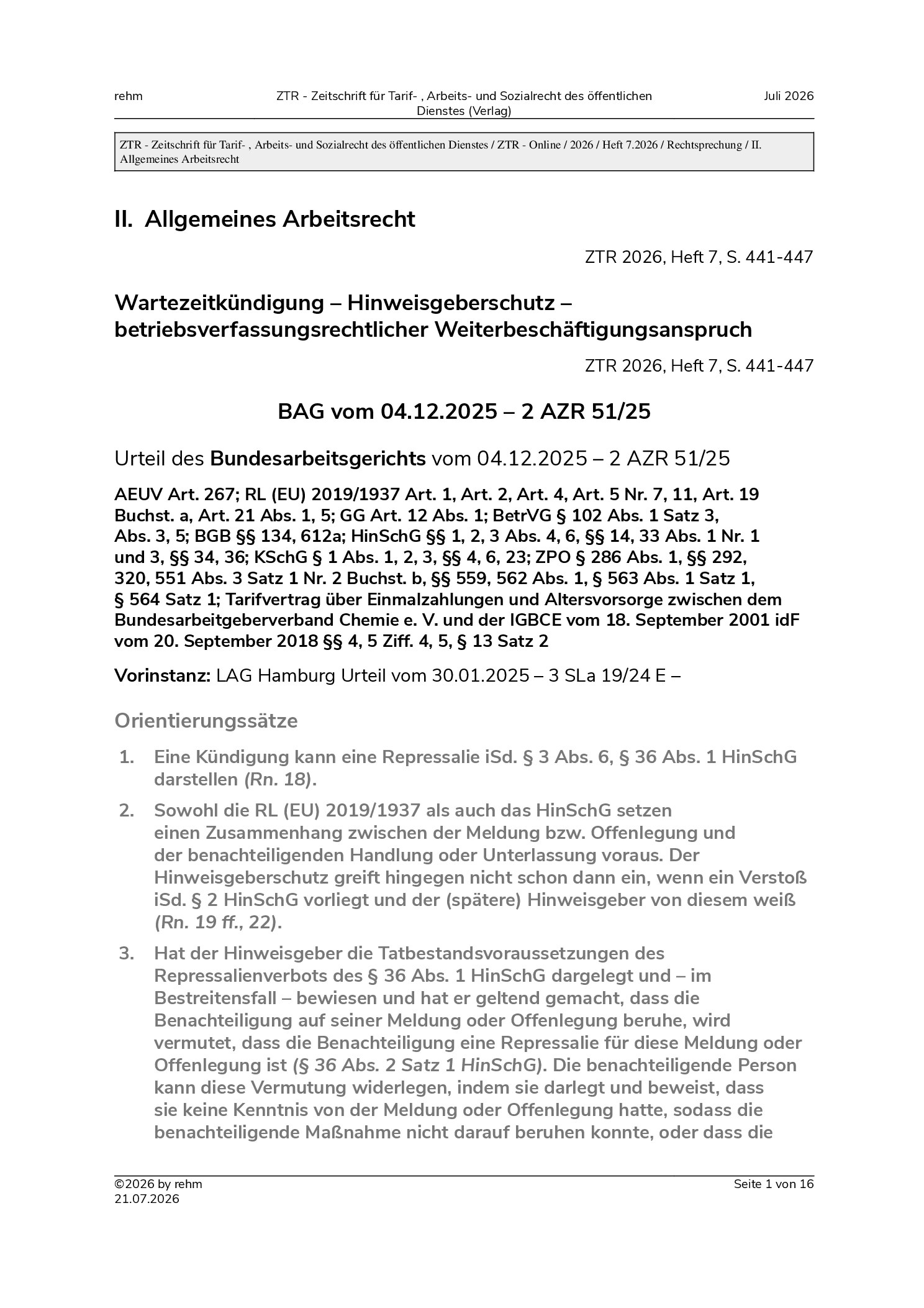 Vorschauseite 1: Wartezeitkündigung – Hinweisgeberschutz – betriebsverfassungsrechtlicher Weiterbeschäftigungsanspruch