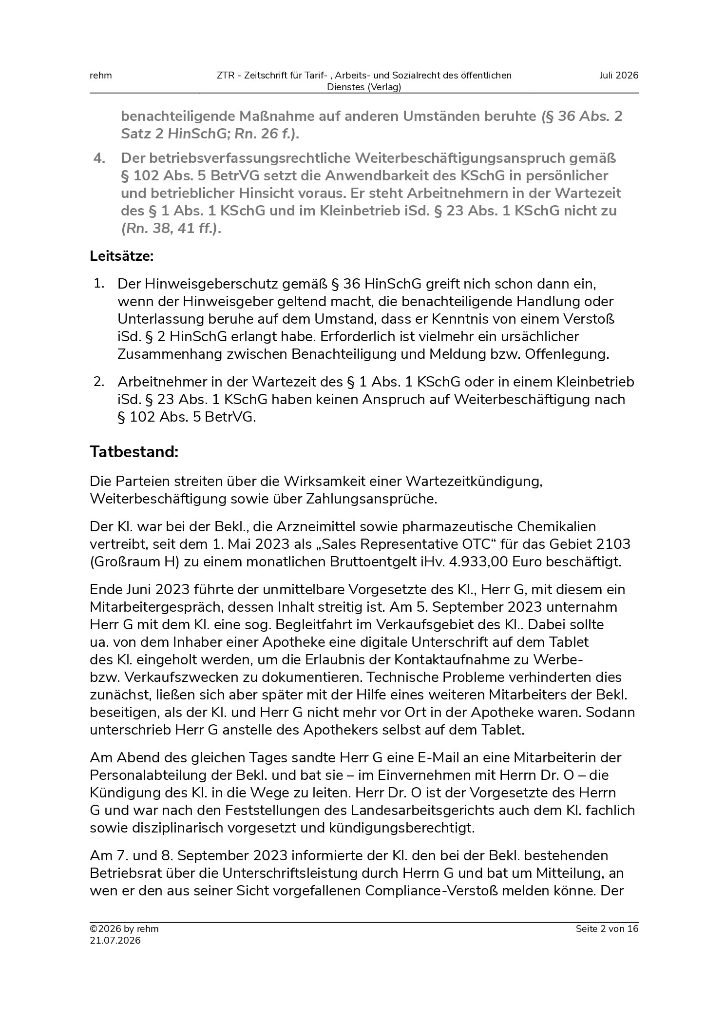 Vorschauseite 2: Wartezeitkündigung – Hinweisgeberschutz – betriebsverfassungsrechtlicher Weiterbeschäftigungsanspruch