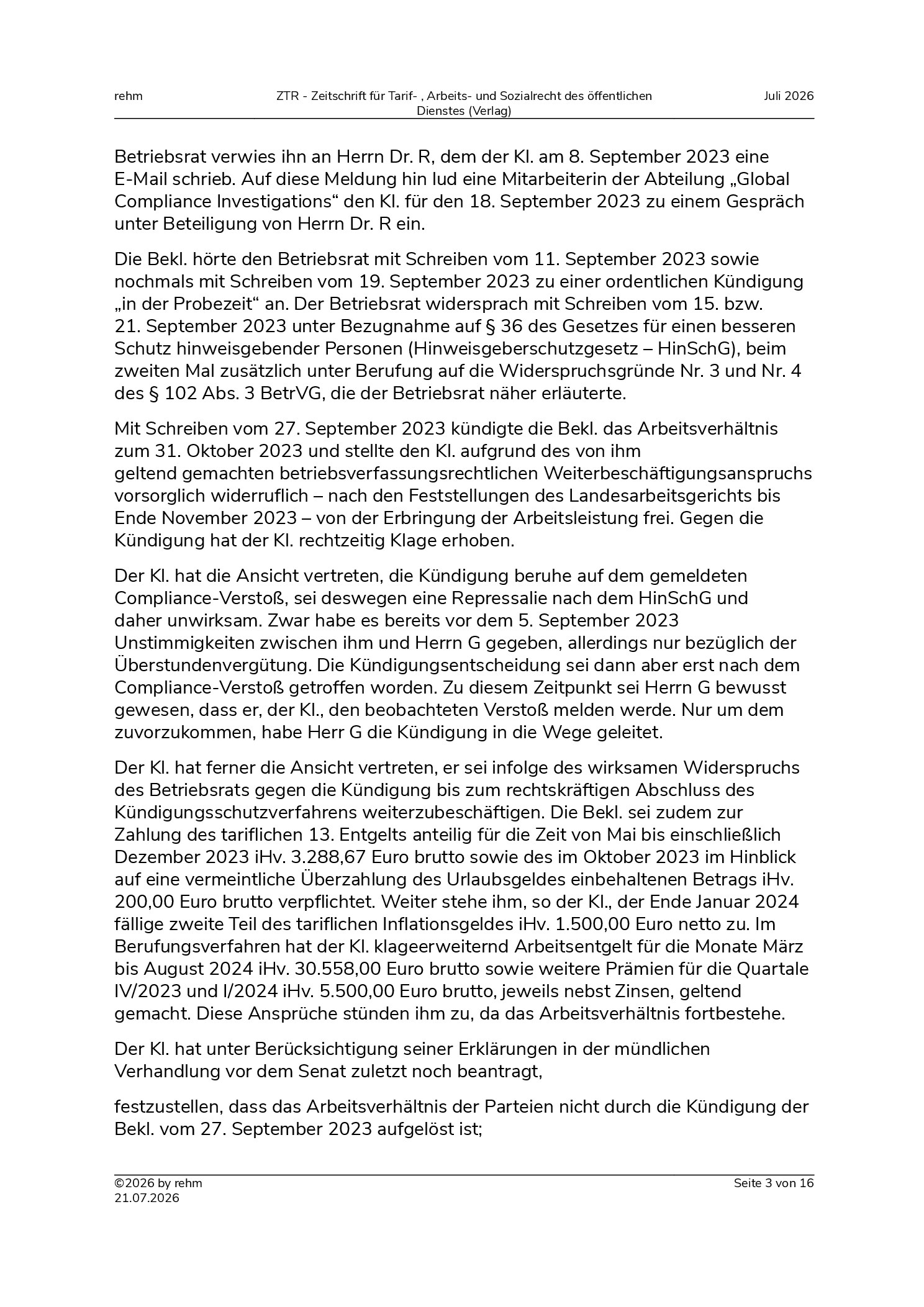 Vorschauseite 3: Wartezeitkündigung – Hinweisgeberschutz – betriebsverfassungsrechtlicher Weiterbeschäftigungsanspruch