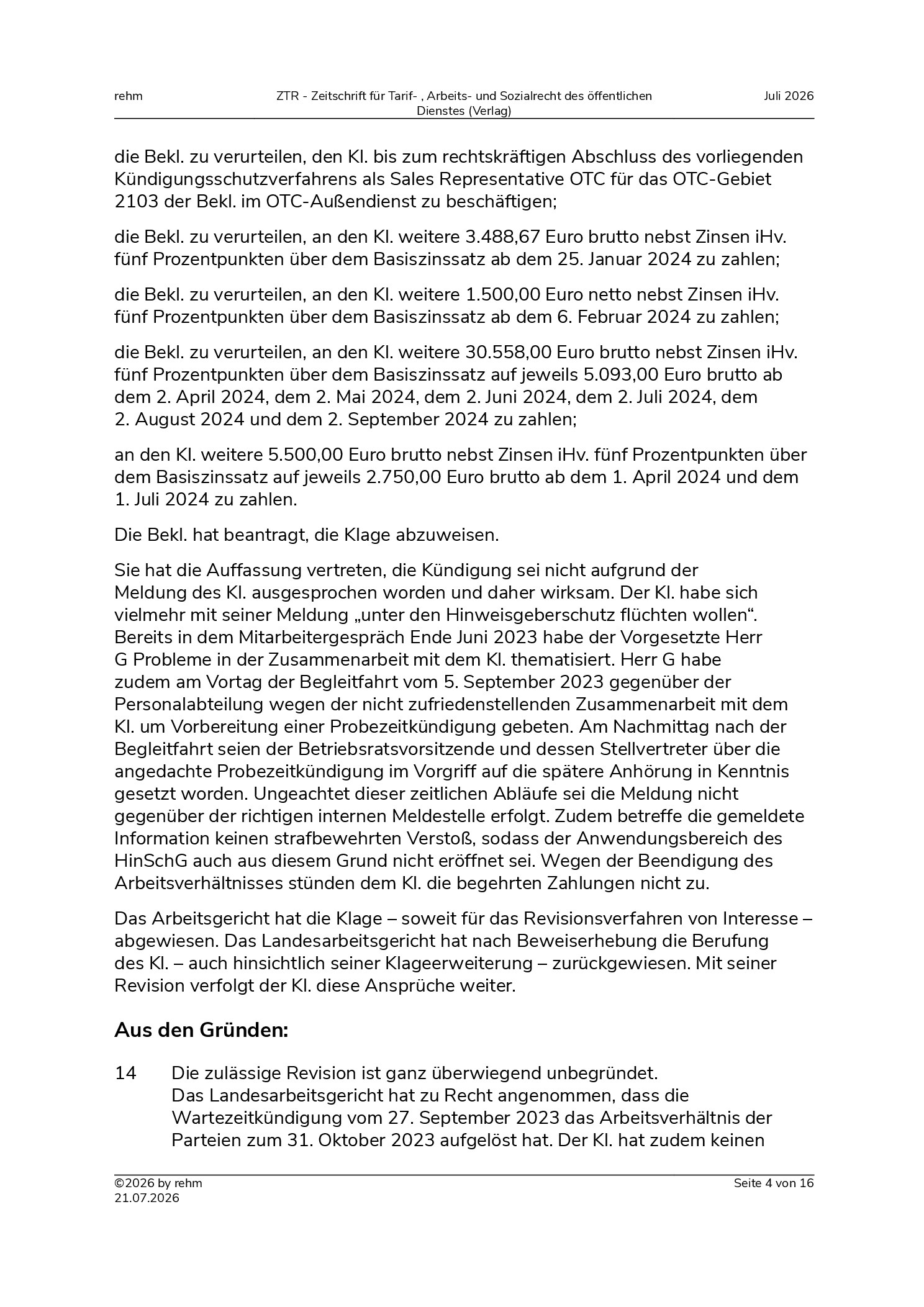 Vorschauseite 4: Wartezeitkündigung – Hinweisgeberschutz – betriebsverfassungsrechtlicher Weiterbeschäftigungsanspruch