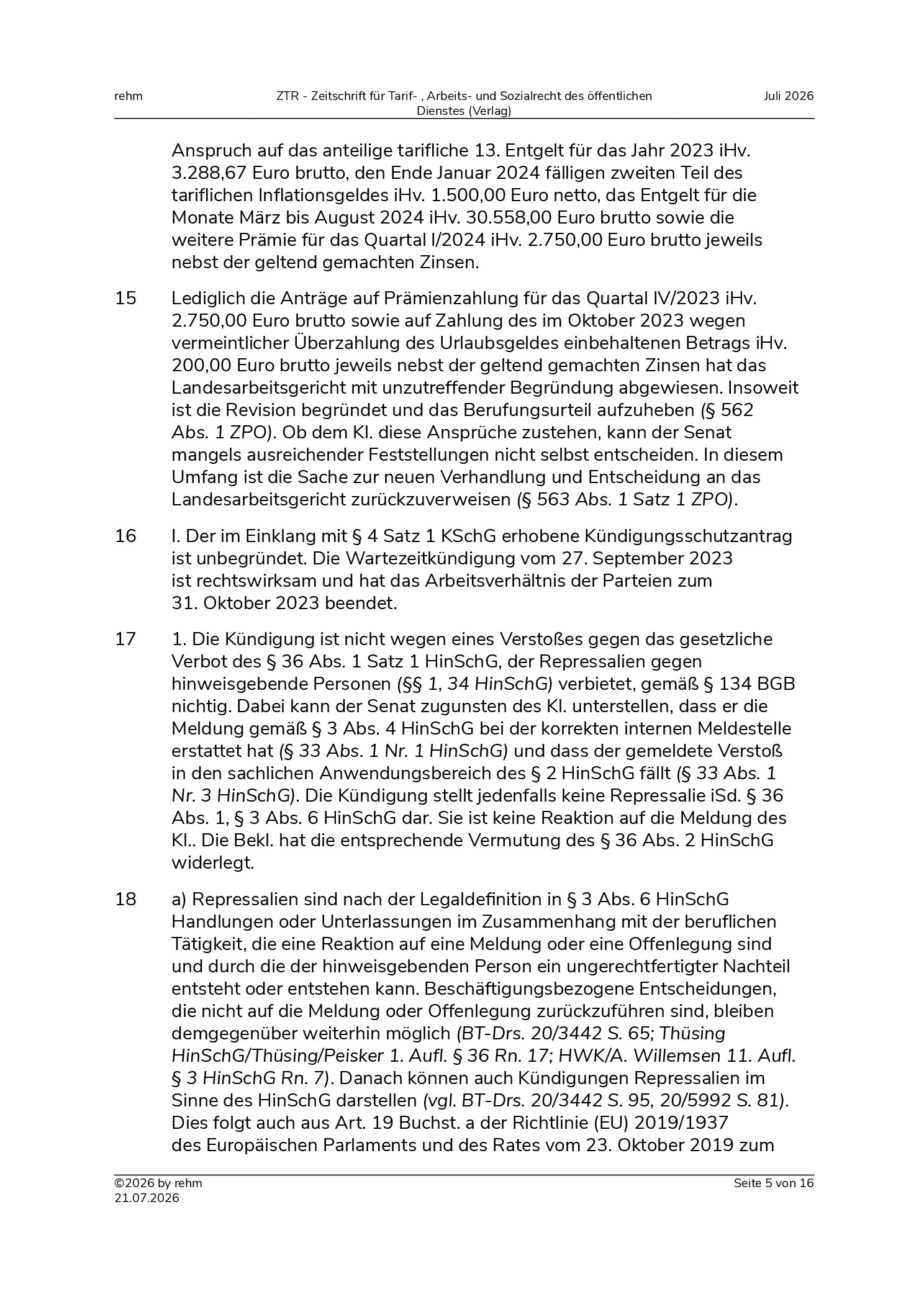 Vorschauseite 5: Wartezeitkündigung – Hinweisgeberschutz – betriebsverfassungsrechtlicher Weiterbeschäftigungsanspruch
