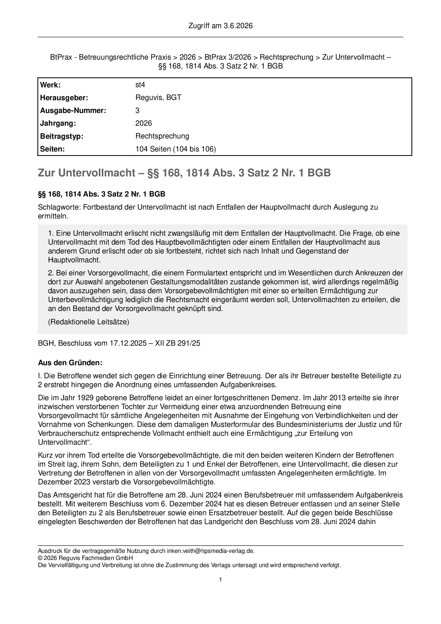 Vorschauseite 1: Zur Untervollmacht – §§ 168, 1814 Abs. 3 Satz 2 Nr. 1 BGB
