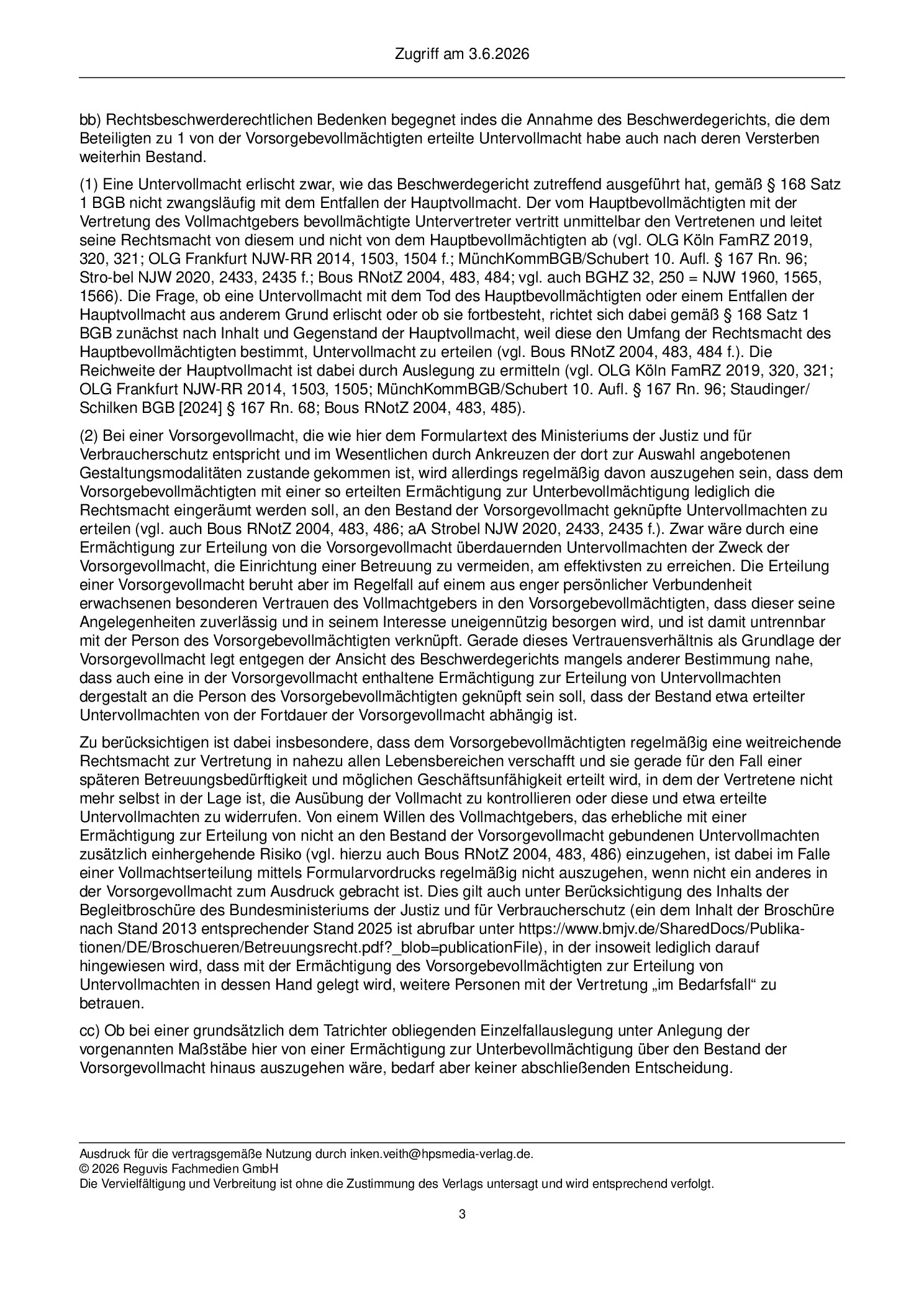 Vorschauseite 3: Zur Untervollmacht – §§ 168, 1814 Abs. 3 Satz 2 Nr. 1 BGB