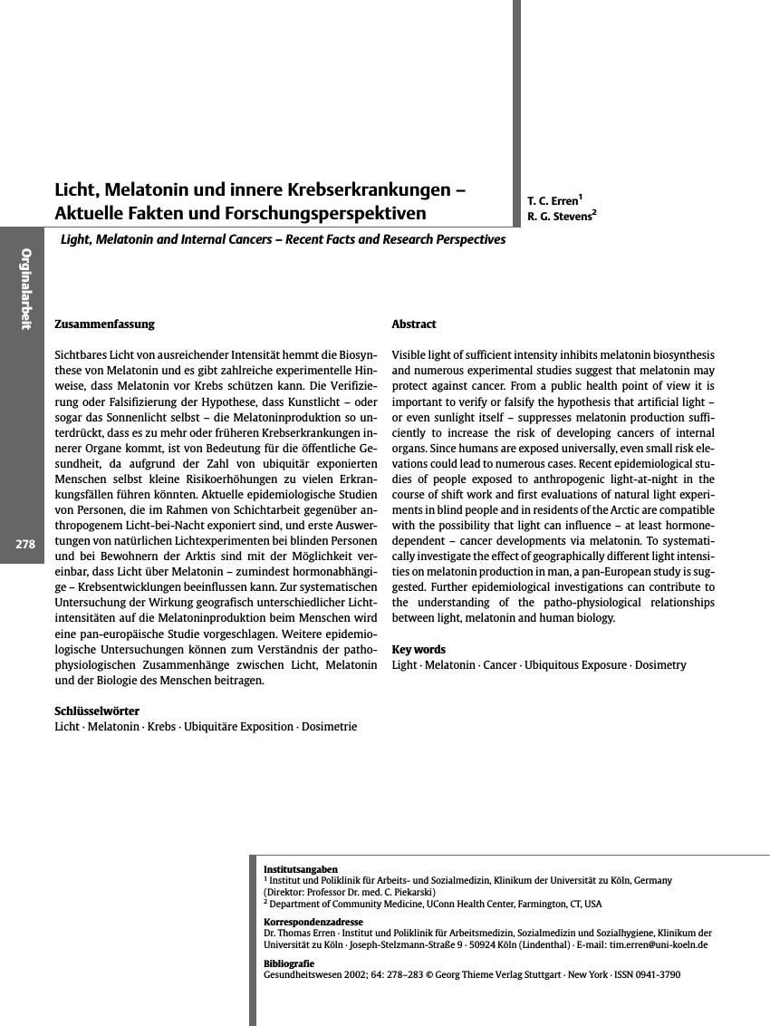 Vorschauseite 1: Licht, Melatonin und innere Krebserkrankungen - Aktuelle Fakten und Forschungsperspektiven