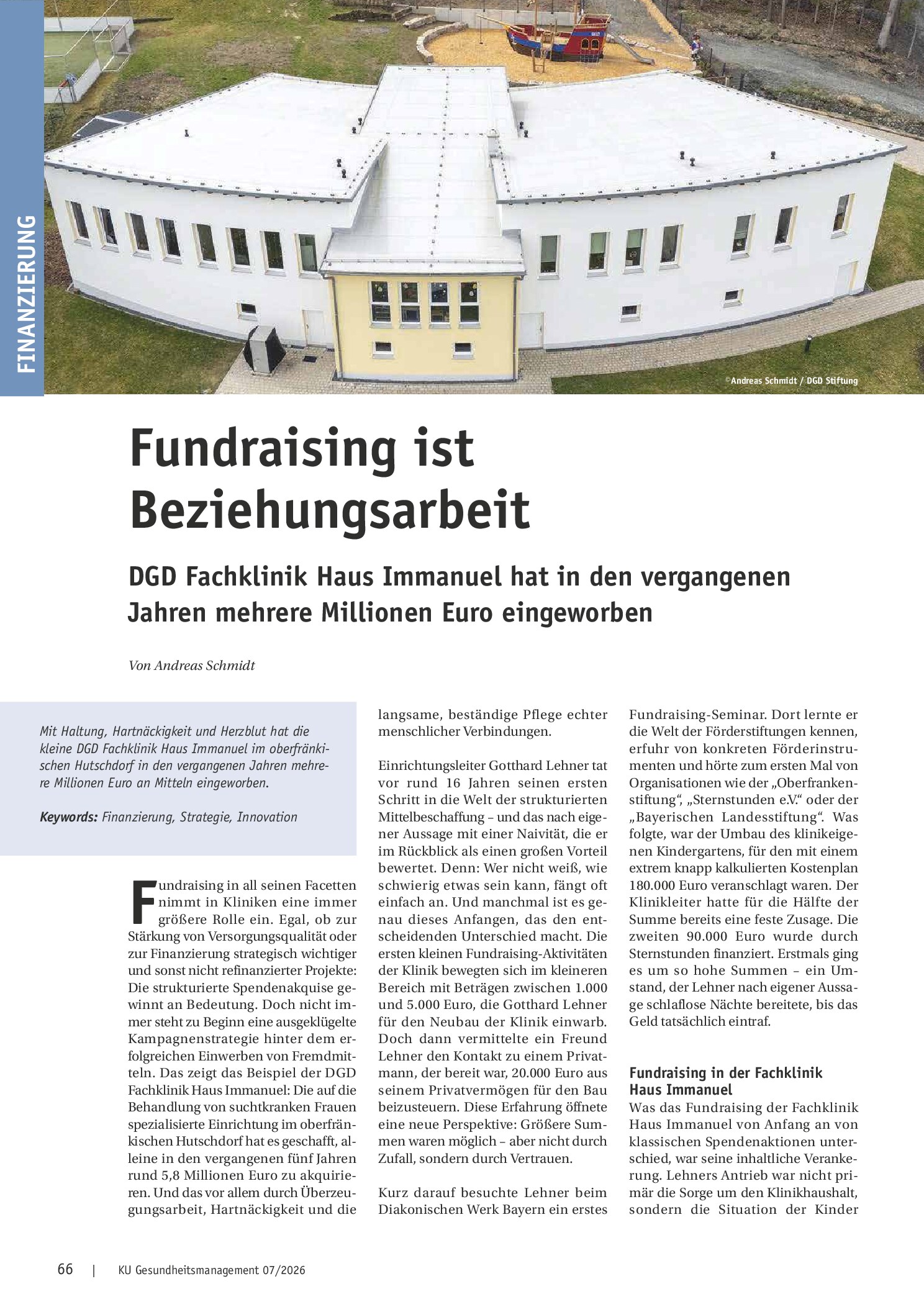 Vorschauseite 1: Fundraising ist Beziehungsarbeit. DGD Fachklinik Haus Immanuel hat in den vergangenen Jahren mehrere Millionen Euro eingeworben
