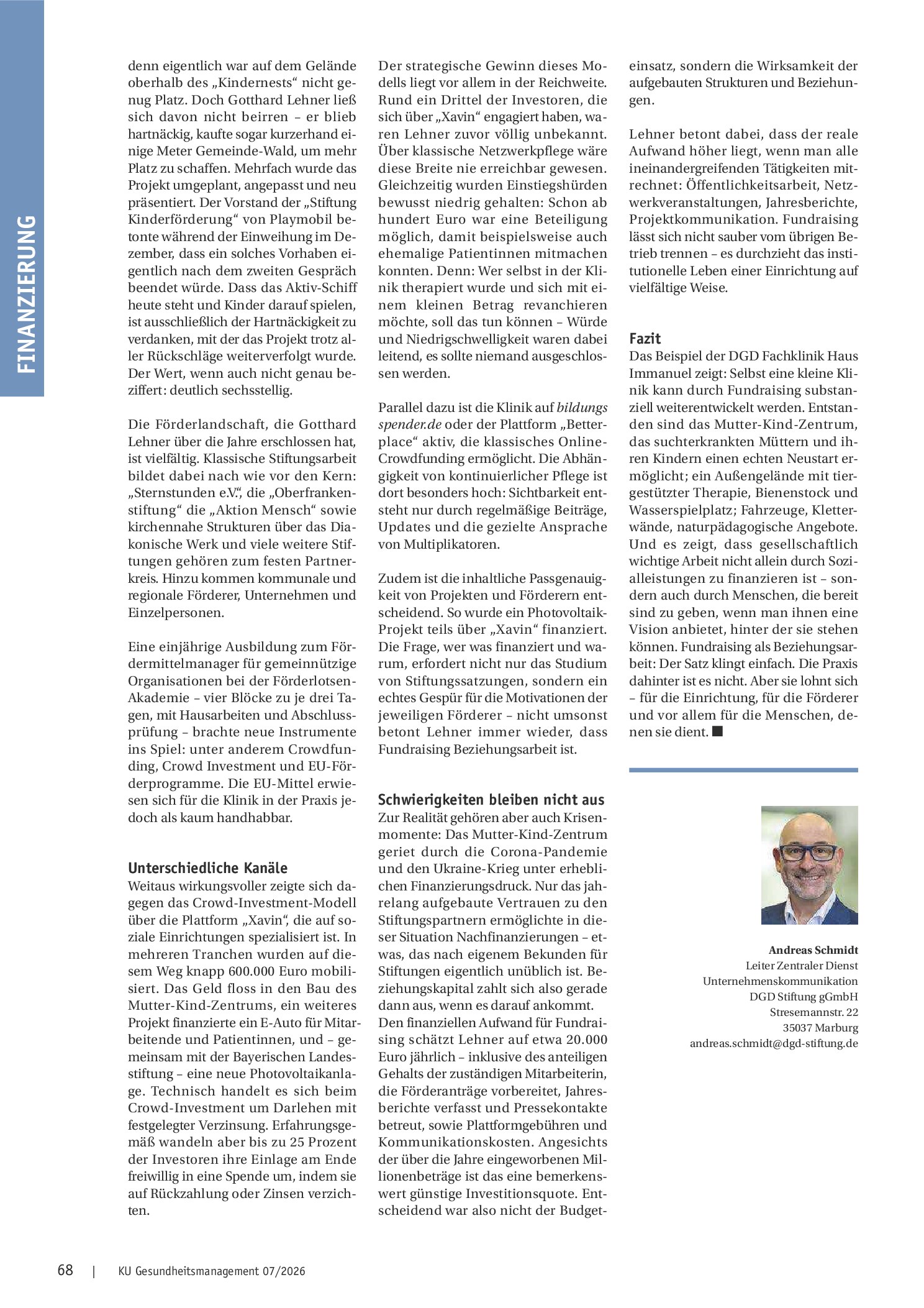 Vorschauseite 3: Fundraising ist Beziehungsarbeit. DGD Fachklinik Haus Immanuel hat in den vergangenen Jahren mehrere Millionen Euro eingeworben