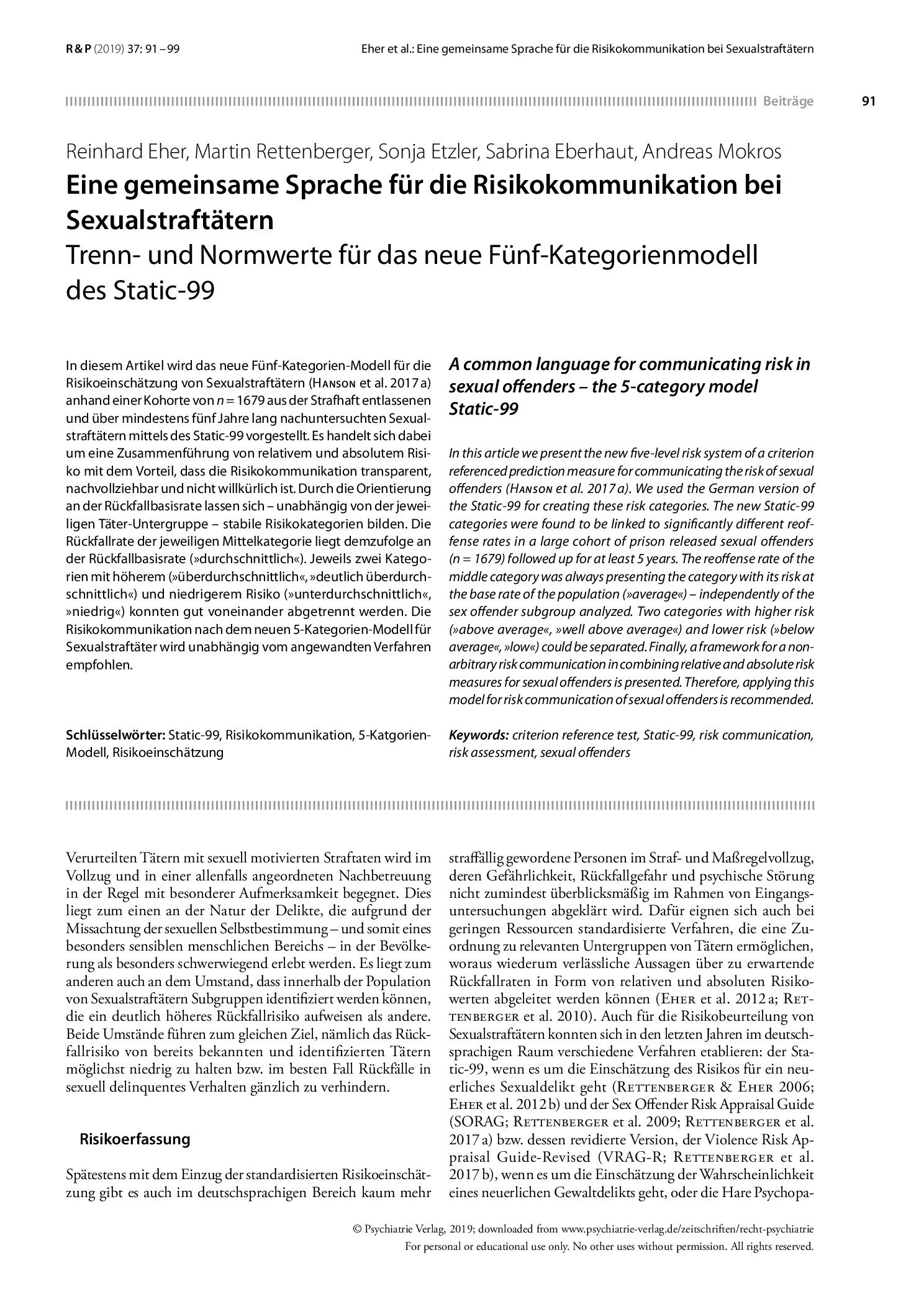 Vorschauseite 1: Eine gemeinsame Sprache für die Risikokommunikation bei Sexualstraftätern: Trenn- und Normwerte für das neue Fünf-Kategorien-Modell des Static-99