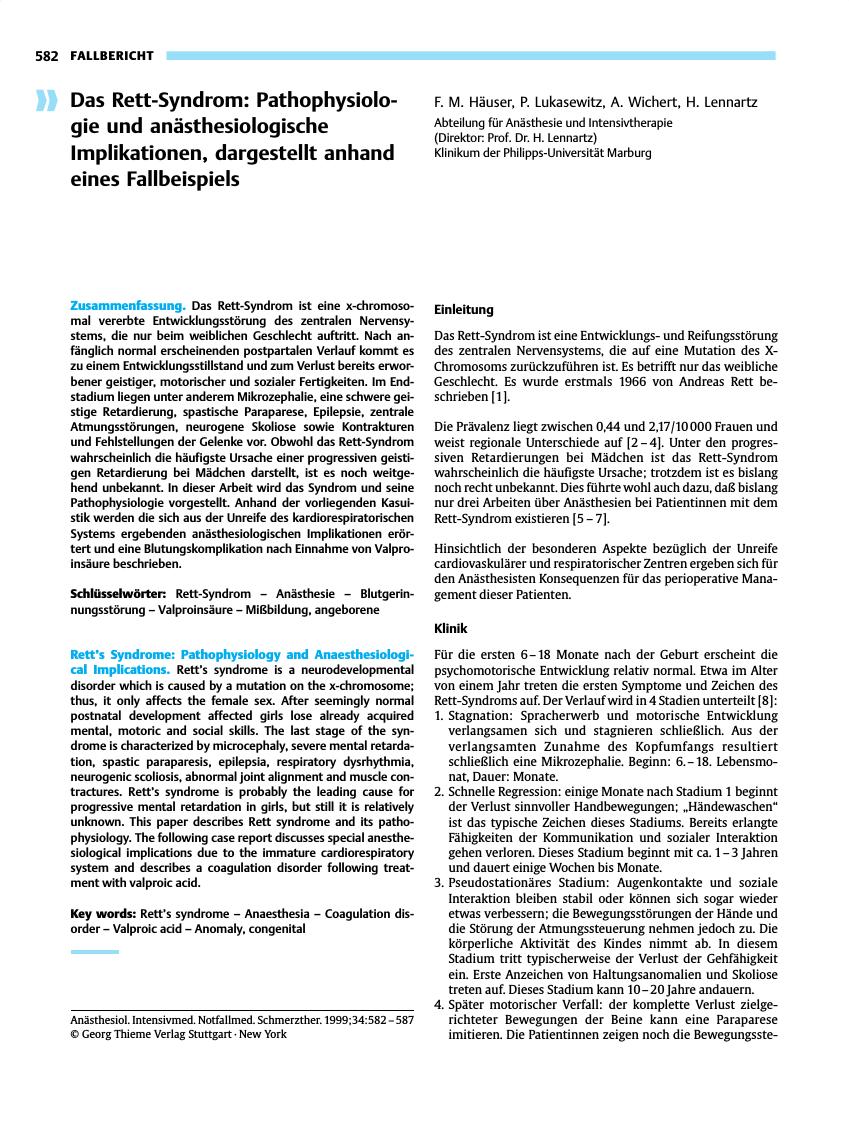 Vorschauseite 1: Das Rett-Syndrom: Pathophysiologie und anästhesiologische Implikationen, dargestellt anhand eines Fallbeispiels