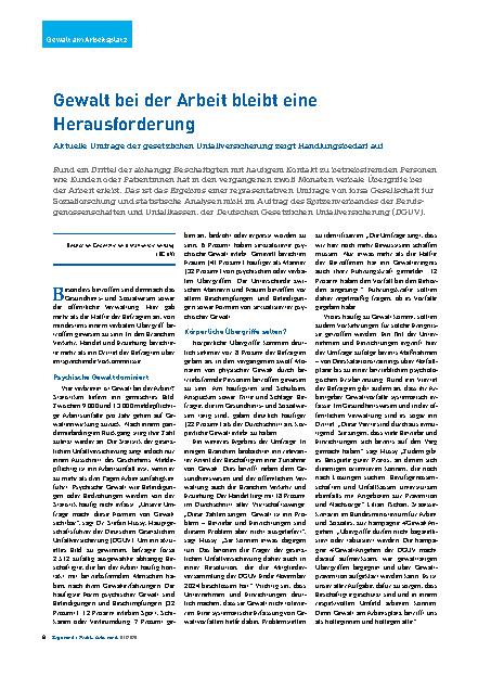 Vorschauseite 1: Gewalt bei der Arbeit bleibt eine Herausforderung Aktuelle Umfrage der gesetzlichen Unfallversicherung zeigt Handlungsbedarf auf