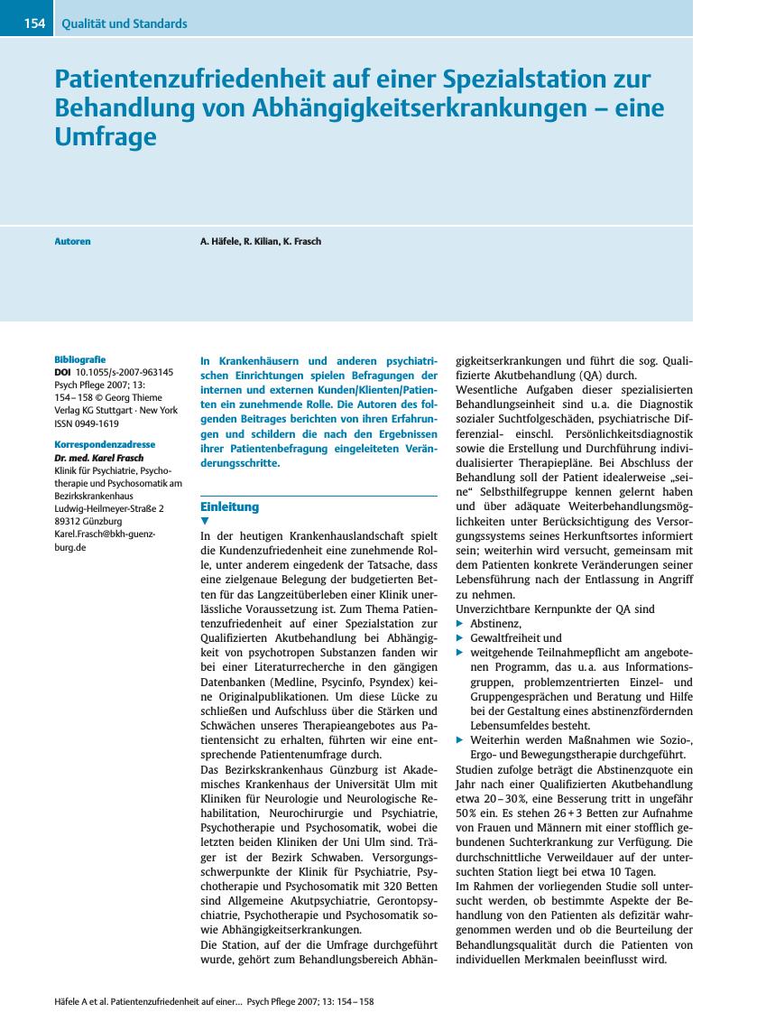 Vorschauseite 1: Patientenzufriedenheit auf einer Spezialstation zur Behandlung von Abhängigkeitserkrankungen - eine Umfrage