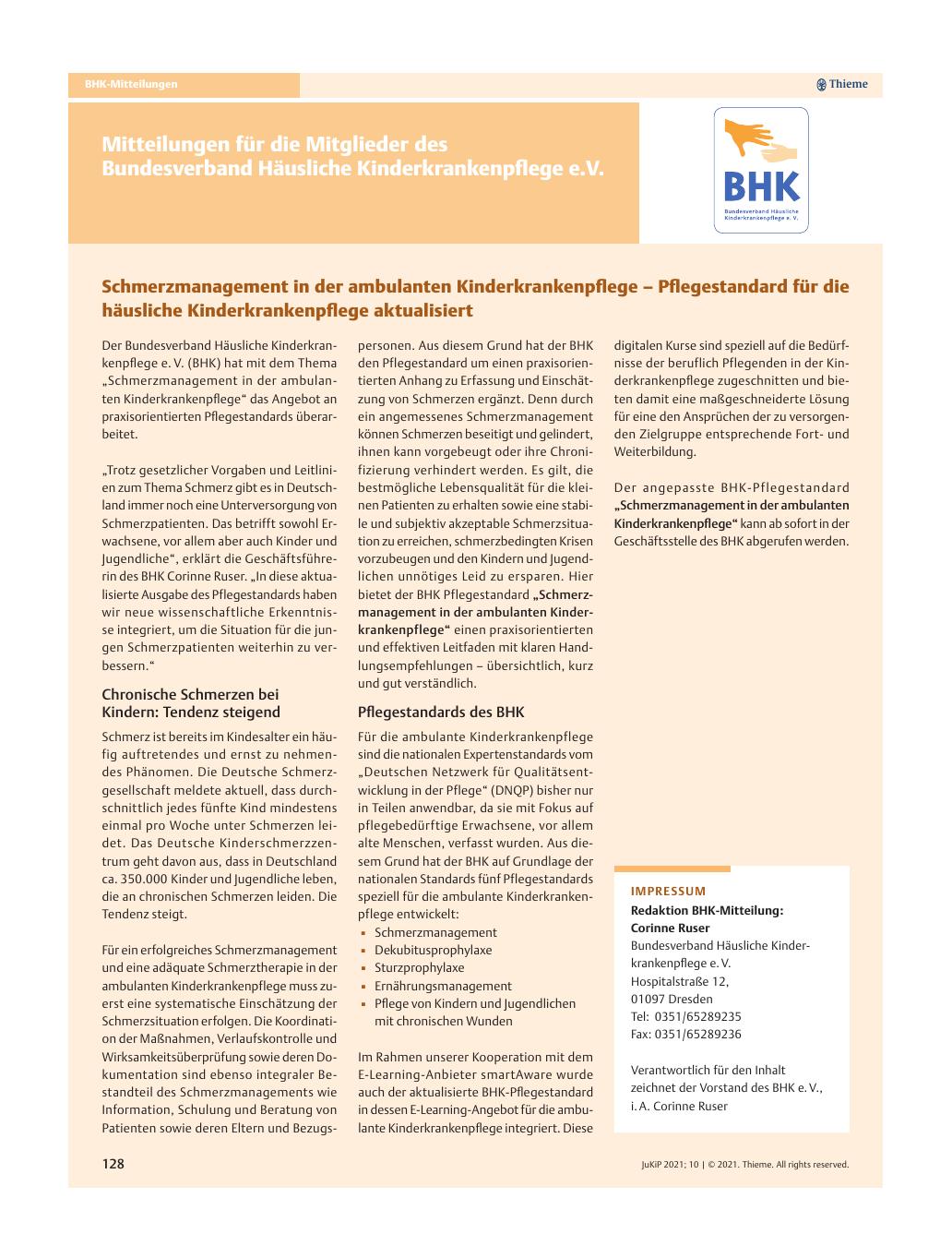 Vorschauseite 1: Schmerzmanagement in der ambulanten Kinderkrankenpflege – Pflegestandard für die häusliche Kinderkrankenpflege aktualisiert