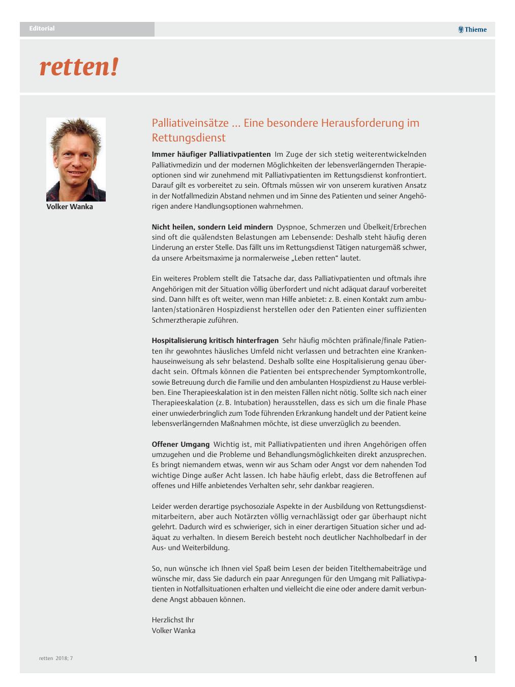 Vorschauseite 1: Palliativeinsätze? Eine besondere Herausforderung im Rettungsdienst