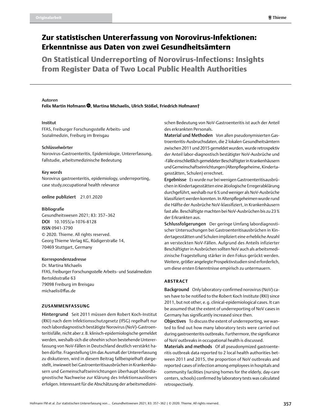 Vorschauseite 1: Zur statistischen Untererfassung von Norovirus-Infektionen: Erkenntnisse aus Daten von zwei Gesundheitsämtern