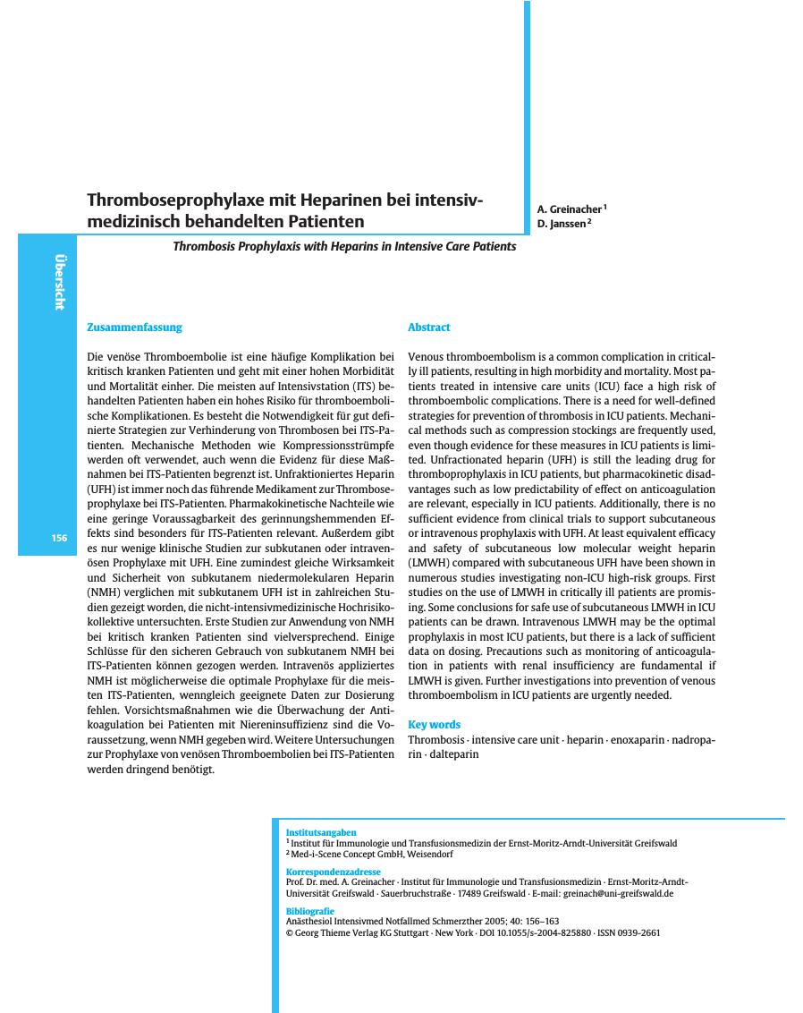 Vorschauseite 1: Thromboseprophylaxe mit Heparinen bei intensivmedizinisch behandelten Patienten