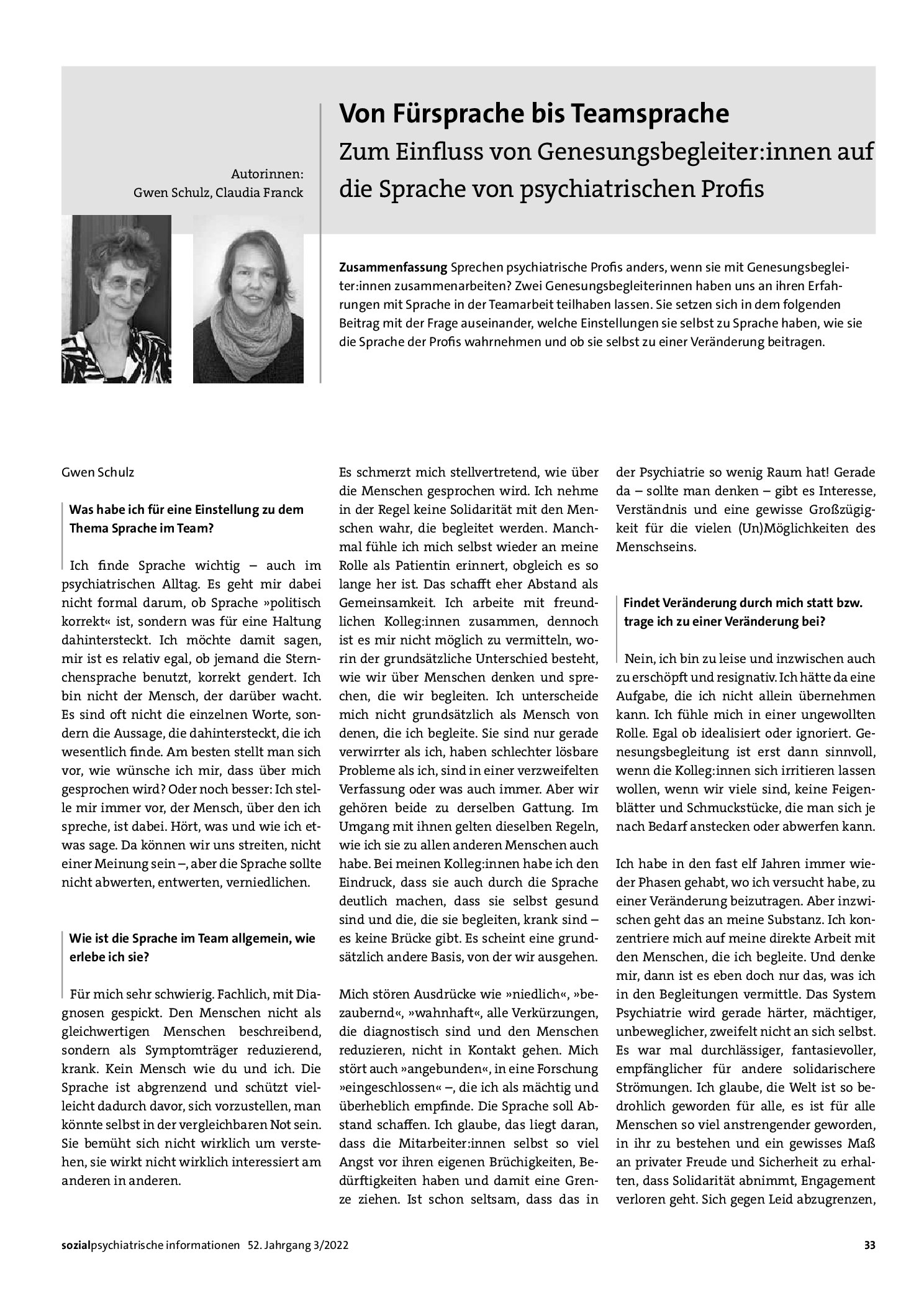 Vorschauseite 1: Von Fürsprache bis Teamsprache. Zum Einfluss von Genesungsbegleiter: innen auf die Sprache von psychiatrischen Profis