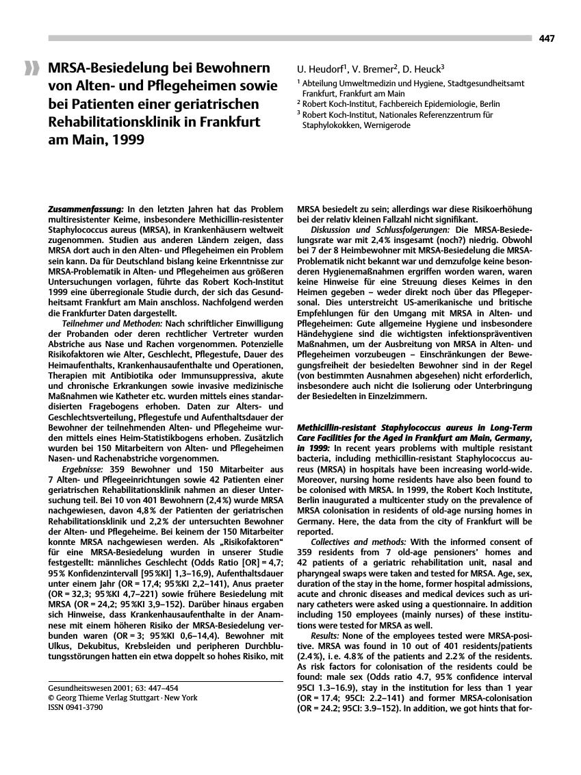 Vorschauseite 1: MRSA-Besiedelung bei Bewohnern von Altenund Pflegeheimen sowie bei Patienten einer geriatrischen Rehabilitationsklinik in Frankfurt am Main, 1999